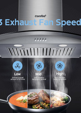 COMFEE' 30 Inch Wall Mount Range Hood, 450 CFM Ductless/Ducted Convertible | Island Range Hood 3-Speed Exhaust Fan, Curved Glass Stainless Steel Kitchen Vent Hood, 2 Baffle Filters, 2 LED Lights