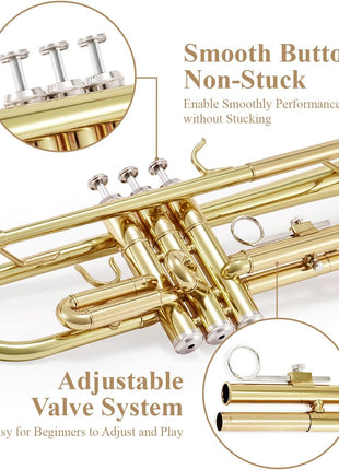 Eastar Bb Standard Trumpet Set for Beginner, Brass Student Trumpet Instrument with Hard Case, Cleaning Kit, 7C Mouthpiece and Gloves, ETR 380, Golden