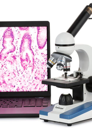 AmScope M150 Series Portable LED Monocular Student Compound Microscope - 40X-1000X Magnification - Microscope Kit Includes Dust Cover, 2 Clips & 2 Eyepieces