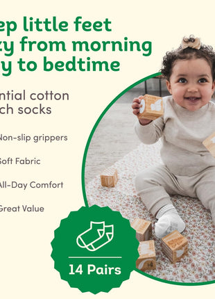 Fruit of the Loom Baby 14-Pack Grow & Fit Flex Zones Cotton Stretch Socks - Unisex, Girls, Boys (0-6 Months, White)