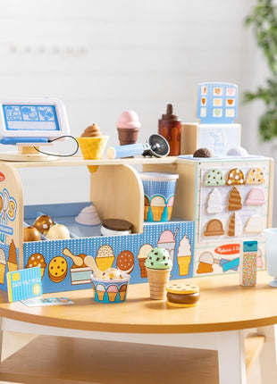 Melissa & Doug Cool Scoops Ice Creamery, Wooden Ice Cream Shop & Counter with Play Food & Play Kitchen Accessories, Preschool Learning Toys for Girls & Boys 3+ - FSC Certified