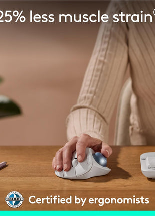 Logitech Ergo M575S Wireless Trackball Mouse, Wireless Ergonomic Mouse with Bluetooth and Encrypted Dongle, Comfortable Thumb Control, Precise and Smooth Tracking, for PC/Mac - Off-White Blue Ball
