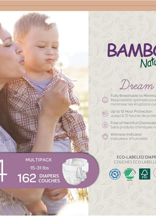 Bambo Nature Hypoallergenic Baby Diapers, Eco-Labelled Sustainable Diapers, Enhanced Leakage Protection, Totally Chlorine-free, Skin Friendly, and Super Absorbent - Size 4 (162 Count)