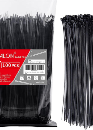 Zip Ties 8 inch (100 Pack), 40lbs Tensile Strength, Black Cable Ties, Wire Ties for indoor and outdoor use, by Skalon