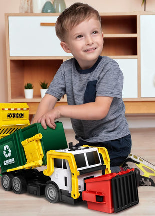 JOYIN Large Friction Powered Garbage Truck Toy Set, Includes 1 Dumpster, 3 Trash Bins, and 30 Learning Cards for Kids, Boy Toys Birthday Gift, Green