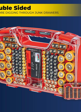 Ontel Battery Daddy Storage & Organizer Case w/Tester, Stores & Protects Up to 180 Batteries, Double-Sided, Clear Locking Lid, Secure Latches & Portable Carrying Handle - Red (Batteries Not Included)