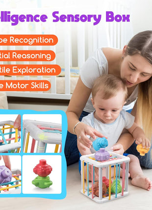 4-in-1 Montessori Baby Toy Set with Pull-String Teether Stacking Blocks | Stacking Rings, Baby Blocks, Sensory Cube, Bath Play, Color and Shape Matching, Fine Motor Practice, Montessori Baby Gifts
