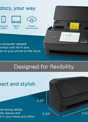 ScanSnap iX2500 Wireless or USB High-Speed Cloud Enabled Document, Photo & Receipt Scanner with Large 5 inch Touchscreen and 100 Page Auto Document Feeder for Mac or PC, Black