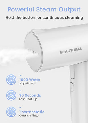 BEAUTURAL Travel Steamer for Clothes, Portable and Handheld, 1000W, White | Foldable Garment Wrinkle Remover, Fast 30s Heat-up, 120V Only (Not for 220V Europe)