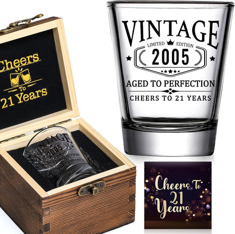 21st Birthday Gifts for Him Her - Limited Edition Shot Glass with Wooden Box - Vintage 2005 Cheers To 21 Years, Finally 21 Party Decorations Supplies - Turning 21 Bday Present for Men Brother Friends