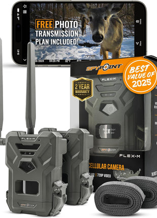 SPYPOINT Flex-M Twin Pack Cellular Trail Cameras - Best Hunting Accessories, No WiFi Needed, GPS, Night Vision, Dual-Sim LTE, IP65 Water-Resistant Game Camera, 28MP Photos, 720p Videos + Sound (2)