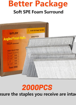 16 Gauge Angled Finish Nails, 20-Degree, 2000-Pack (2-1/2 inch, 2 inch, 1-1/2 inch, 1-1/4 inch 500 Per Sizes), Galvanized Assorted Size Project Pack, for Pneumatic, Electric Angled Finish Nailer