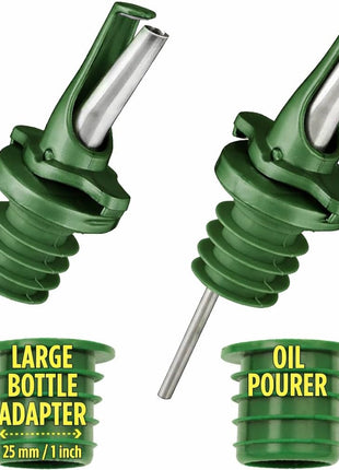 AIRTIGHT Olive Oil Pour Spout for Olive Oil Dispenser - UK Patented Oil Pourer - Hygienic One Handed Open Close Mechanism Keeps Oil Fresh. Dust Caps Cover | Screens Alternative - Green 2 PCs