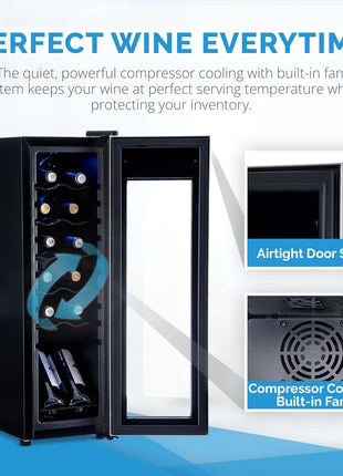 NewAir 12 Bottle Wine Cooler Refrigerator | Freestanding Wine Fridge | Stainless Steel, Double-Layer Tempered Glass Door, Quiet Compressor | 41F-64F Digital Temperature Control For Reds & Whites Wine