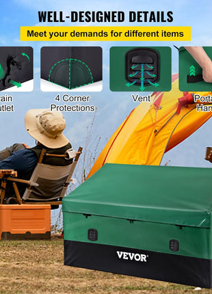 VEVOR Outdoor Storage Box, 230 Gallon Waterproof PE Tarpaulin Deck Box w/Galvanized Frame, All-Weather Protection & Portable, for Camping, Garden, Poolside, and Yard, Black & Green
