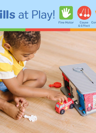 Melissa & Doug Toy Keys and Cars Wooden Rescue Vehicles and Garage (7 pcs) Toddler Pull Back Toys, Toy Garage for Kids Ages 3+