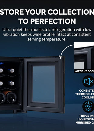 NewAir 10" Wine Fridge for 6 Bottles | Freestanding Wine Cooler Refrigerator with Glass Door | Compact Countertop Storage with Precision Cooling & Quiet Operation | Black