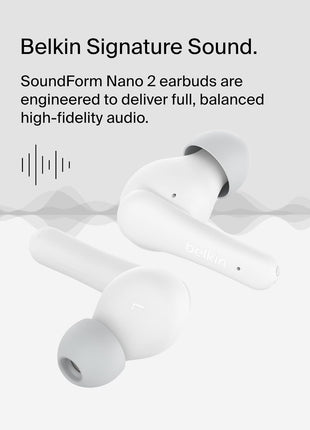Belkin SoundForm Nano 2 Bluetooth Earbuds for Kids with Built-in Microphone, 28H Battery Life, Safe 85dB Volume, IPX5 Water Resistance - Kids Bluetooth Earbuds for iPhone, iPad, Galaxy, & More - White