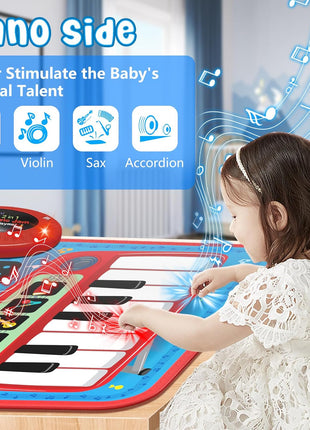 2-in-1 Musical Mat Toys for 1 2 3 4 5 Year Old, Piano Keyboard & Drum Set with 2 Drum Sticks, Early Educational Musical Learning Toys Birthday for 1 2 3 4 5 Year Old Boys & Girls, Blue