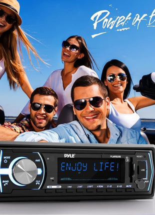 Pyle Marine Bluetooth Stereo Radio - 12v Single DIN Style Boat In dash Radio Receiver System with Built-in Mic, Digital LCD, RCA, MP3, USB, SD, AM FM Radio - Remote Control - PLMRB29B (Black)