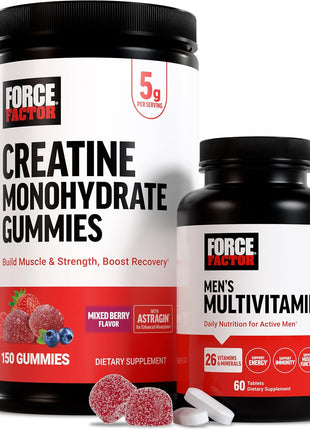 Force Factor Creatine Monohydrate Gummies & Men's Multivitamin, 5g Creatine for Muscle, Recovery & Performance + 27 Nutrients to Support Energy & Immune Function, 150 Mixed Berry Gummies + 60 Tablets