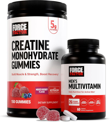 Force Factor Creatine Monohydrate Gummies & Men's Multivitamin, 5g Creatine for Muscle, Recovery & Performance + 27 Nutrients to Support Energy & Immune Function, 150 Mixed Berry Gummies + 60 Tablets