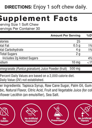 Force Factor Pomegranate Soft Chews for Healthy Aging | Made with Real & Premium Pomegranate Juice Powder, Non-GMO, Gluten-Free, Vegan, Pomegranate Flavor, 30 Soft Chews