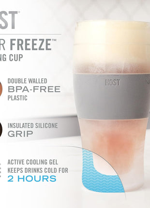 Host Freeze Beer Glasses, Freezable Beer Gifts for Men, Double Wall Insulated Pint Set, Tumbler for Cold Drinks, 16, Set of 2, Gray