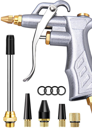 Industrial Air Blow Gun with Brass Adjustable Air Flow Nozzle Kit | Extra 2 Steel & Copper Air Extension, Brass 1/4" Standard Quick Connector, Air Compressor Accessory Tool for Dust Cleaning