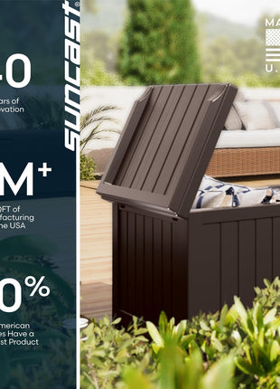 Suncast Outdoor Deck Box - 22 Gallon Java Resin Outdoor Storage Box, Weatherproof Patio Storage Bin Container for Seating & Organizing Cushions, Tools & Towels for Pool, Yard, & Garden