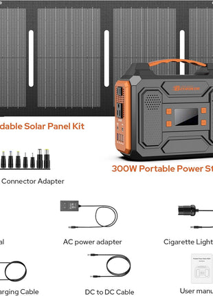 Portable Solar Generator, 300W Portable Power Station with Foldable 60W Solar Panel, 110V Pure Sine Wave 280Wh Lithium Battery Pack with USB DC AC Outlet for Home Use RV Van Outdoor Camping-Orange