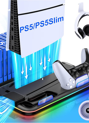 PS5/PS5 Slim Stand and Cooling Station with Controller Charging Station for Playsation 5, PS5 Accessories Kit Incl. 3 Levels Cooling Fan, LED, 15 Game Slot, Headset Holder for PS5 Digital/Disc Console