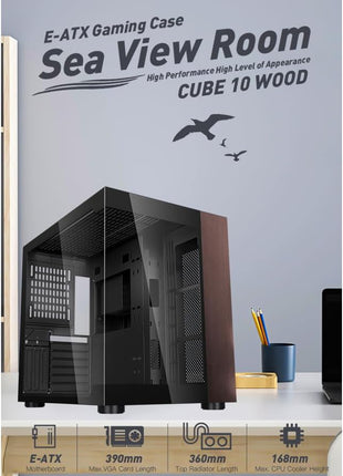 DIYPC DIY-CUBE10-Wood Black USB3.0 /Type C ATX Mid Tower Gaming Computer Case w/Tempered Glass Panel w/Walnut Wood