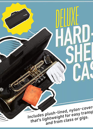 Mendini By Cecilio Bb Standard Trumpet Set for Beginners   Brass Student Trumpet Instrument with Hard Case, 7C Mouthpiece, Valve Oil, Cleaning Cloth, Gloves (Gold)