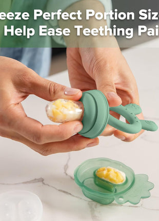 Haakaa Baby Fruit Food Feeder & Mini Freezer Nibble Tray Combo, Breastmilk Popsicle Molds for Cooling Relief, BPA Free Silicone Feeder for Safe Infant Self Feeding, 4 Month+ (Pea Green)