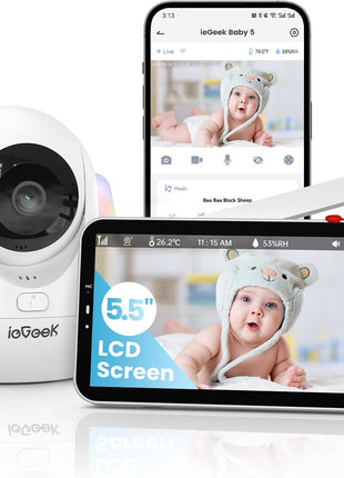 ieGeek 5.5inch Baby Monitor,Audio Monitor with 2.5K Ultra HD 2.4G&5Ghz WiFi Camera,Night Light,Face Covering&Cry Detection,Two-Way Talk,Night Vision,Temp&Humidity Sensor,4000mAh Battery,App Control