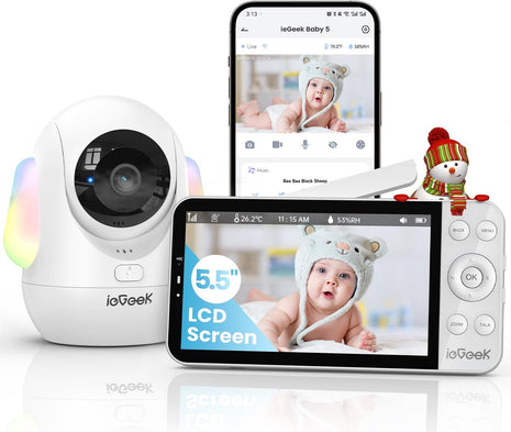 ieGeek 5.5inch Baby Monitor,Audio Monitor with 2.5K Ultra HD 2.4G&5Ghz WiFi Camera,Night Light,Face Covering&Cry Detection,Two-Way Talk,Night Vision,Temp&Humidity Sensor,4000mAh Battery,App Control