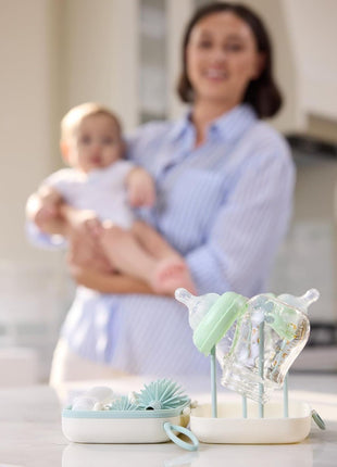 Momcozy 7-in-1 Baby Bottle Brush Set with Drying Rack, Green | Silicone Nipple Straw Brushes, Soap Dispenser Storage Box, Foldable Drain Rack, Portable Bag, BPA-Free, Home & Travel
