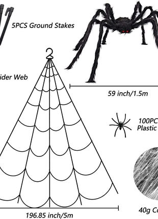 Halloween Decorations - 295" Halloween Spider Web Decorations Outdoor + 59" Giant Fake Spider with Triangular Huge Spiders Web - Scary Decor Clearance for Yard, Patio, Garden, Haunted House Décor