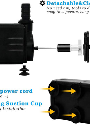 PULACO 160GPH Small Fountain Pump, Ultra Quiet Submersible Water Pump (600L/H, 10Watt) with 3.3 ft Tubing for Aquariums, Pond Fountain, Water Feature, Indoor Fountains