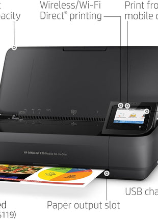HP OfficeJet 250 Wireless Mobile Printer, Scanner, Copier - Black, Battery Included (CZ992A)