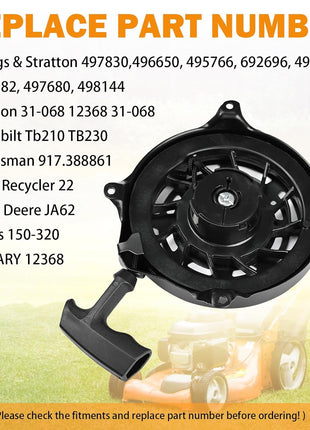497680 Briggs and Stratton Rewind Starter Pull Start Assembly Compatible with Briggs & Stratton 6.75 Craftsman Toro Troy-Bilt Tb210 TB230 Lawn Mower Recoil Starter Replace Oregon 31-068, Rotary 12368