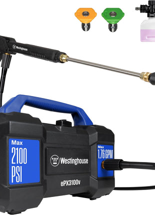 Westinghouse ePX3100v Electric Pressure Washer, 2100 Max PSI 1.76 Max GPM, Built-in Carry Handle, Detachable Foam Cannon, Pro-Style Steel Wand, 3-Nozzle Set, for Cars/Fences/Driveways/Home/Patios
