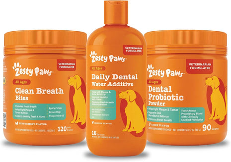 Zesty Paws Dental Trio System for Dogs – Breath Freshener + Dental Care – Water Additive, Dental Chews & Dental Powder – Teeth Cleaning, Tartar Remover, Healthy Mouth Support