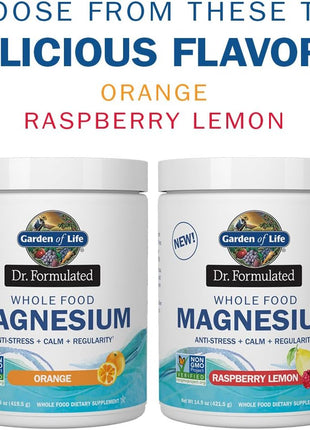 Garden of Life Dr. Formulated Whole Food Magnesium 419.5g Powder - Orange, Chelated, Non-GMO, Vegan, Kosher, Gluten & Sugar Free Supplement with Probiotics - Best for Anti-Stress, Calm & Regularity