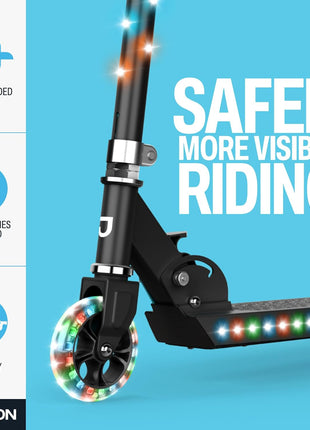 Jetson Jupiter Kids 2-Wheel Light-Up Kick Scooter, LED Lights on Handlebar, Stem, Wheels & Deck, Adjustable Handlebar, Rear Brake, Easy-Folding Mechanism, Ages 5+
