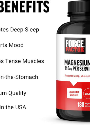 Force Factor Magnesium Glycinate, Magnesium Supplement for Women & Men | Support Sleep, Muscle Relaxation, and Mood, Easy on The Stomach, Vegan, 3-Month Supply, 180 Capsules