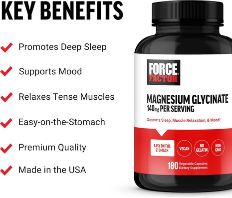 Force Factor Magnesium Glycinate, Magnesium Supplement for Women & Men | Support Sleep, Muscle Relaxation, and Mood, Easy on The Stomach, Vegan, 3-Month Supply, 180 Capsules