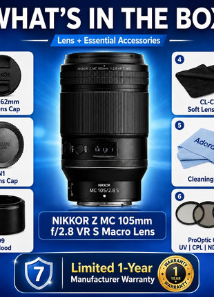 Nikon NIKKOR Z MC 105mm f/2.8 VR S Lens, Bundle with ProOptic with 62mm UV | CPL | ND Filter Kit, Cleaning Cloth, 1-Year Limited Warranty