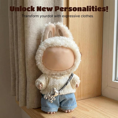 17cm Doll Clothes(NO Doll), Cute Dolls Outfit Accessories with Sweater + Denim Jeans + Pants, Small Kawaii Clothes Set for Dolls(Style 4)